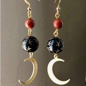 Agate & Copper Beaded Crescent Moon & Star Earrings NEW